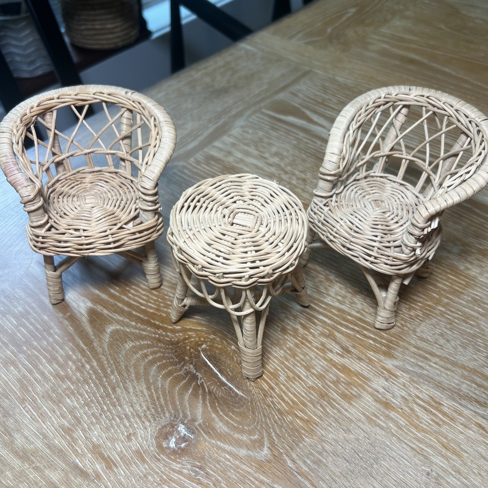 Vintage Set Wicker Rattan Patio Dollhouse Furniture: 2 Chairsβ & Table